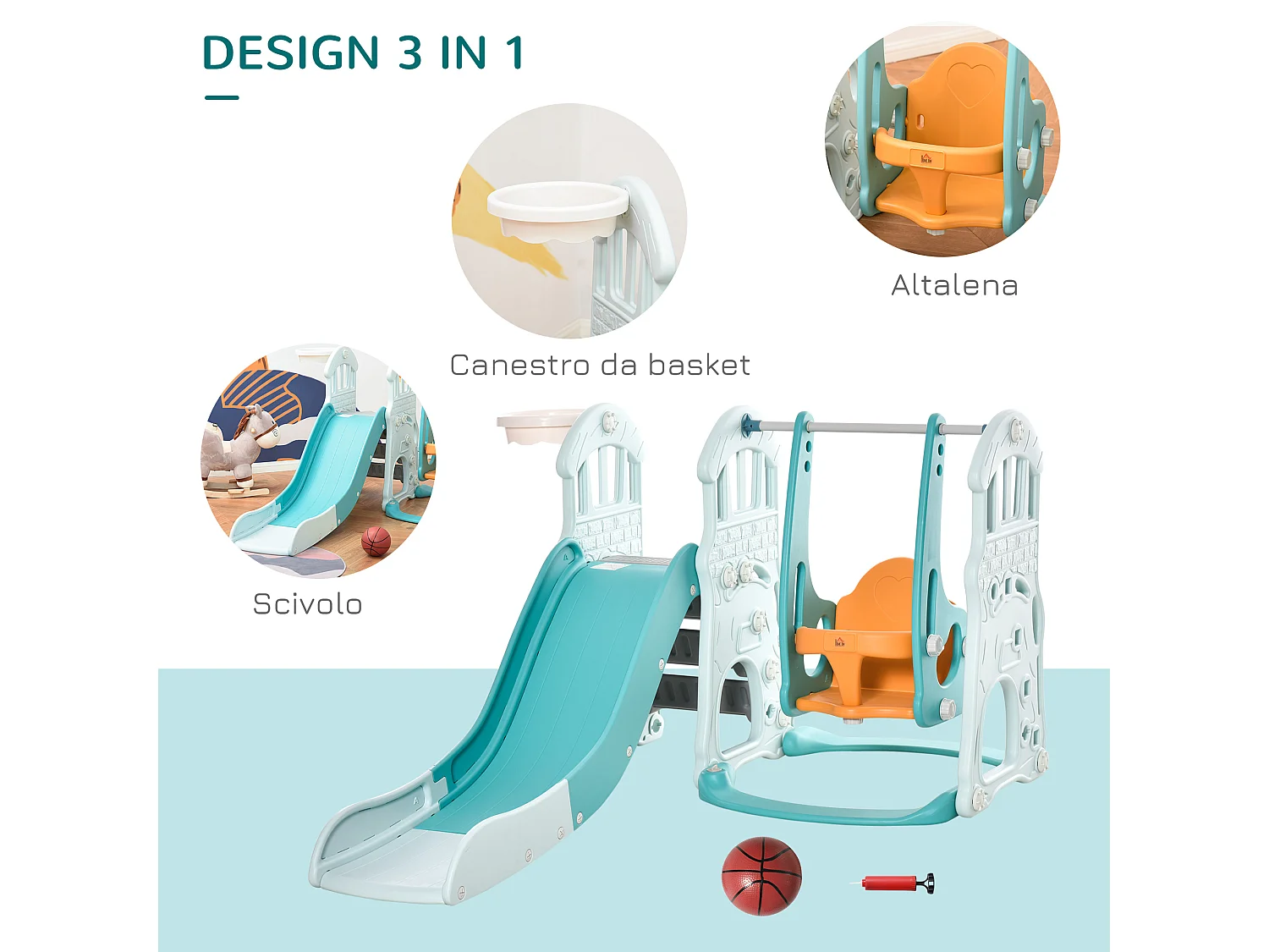 Scivolo per bambini con altalena regolabile canestro e palle