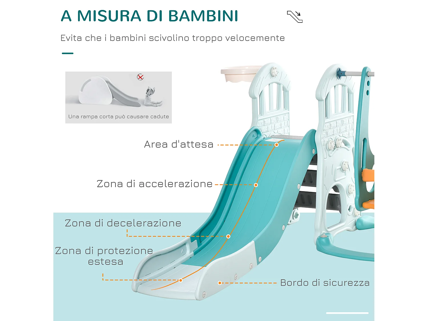 Scivolo per bambini con altalena regolabile canestro e palle