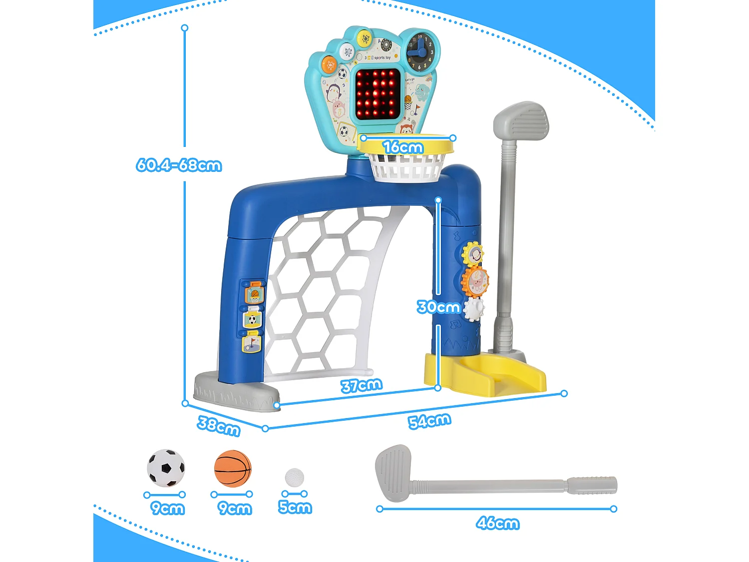 Gioco per bambini con porta, canestro regolabile e buca da golf