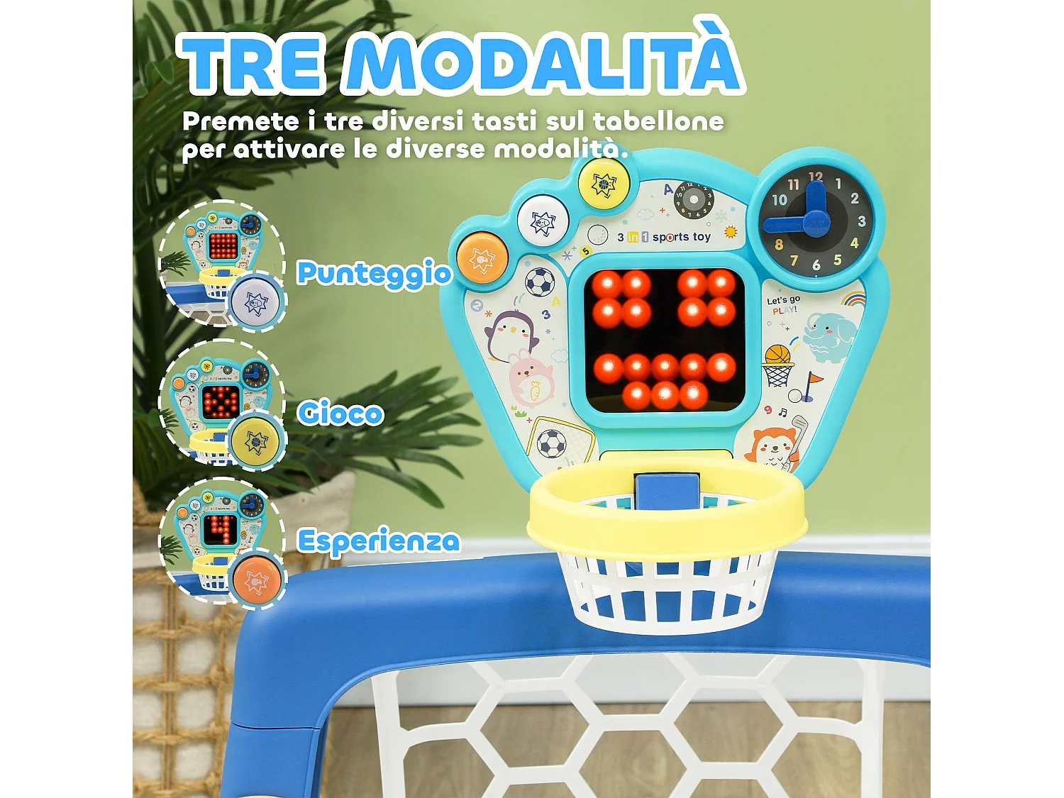 Gioco per bambini con porta, canestro regolabile e buca da golf