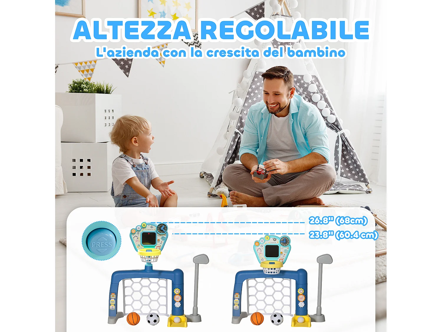 Gioco per bambini con porta, canestro regolabile e buca da golf