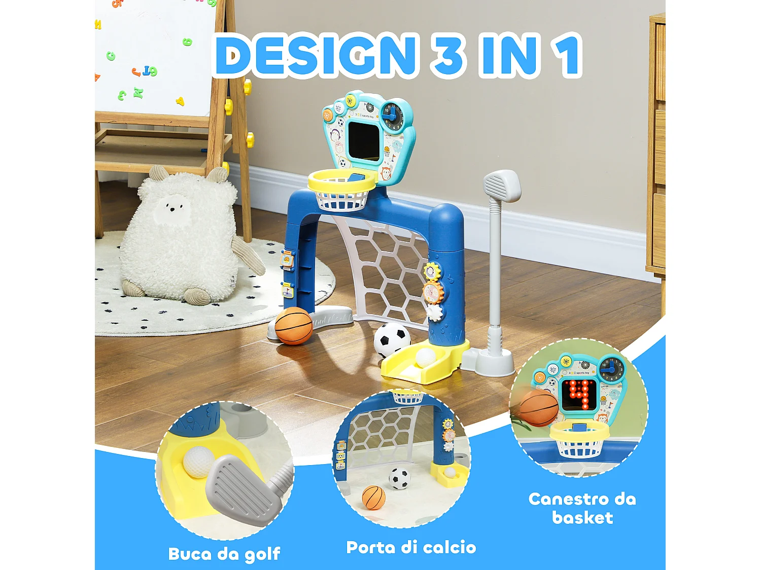 Gioco per bambini con porta, canestro regolabile e buca da golf