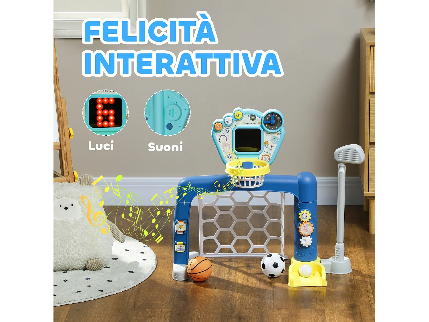 Gioco per bambini con porta, canestro regolabile e buca da golf