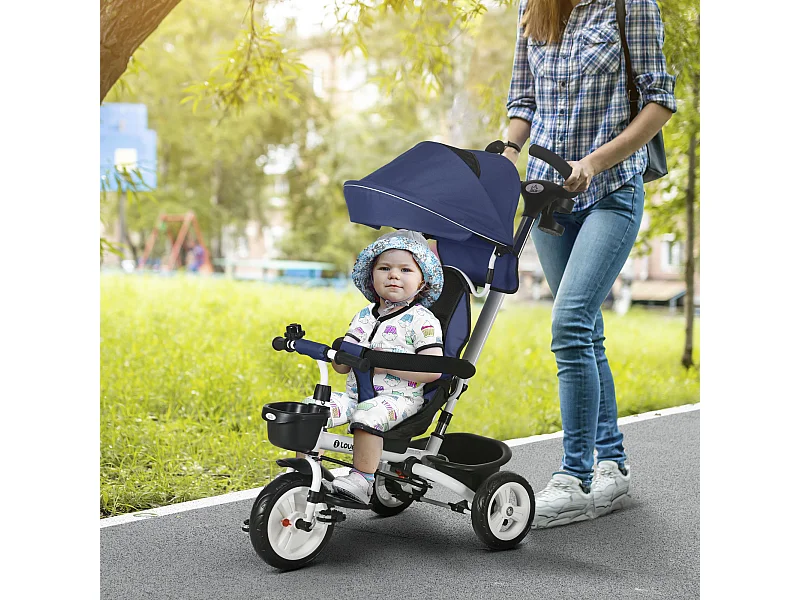 Triciclo passeggino per bambini con maniglione e tettuccio blu scuro