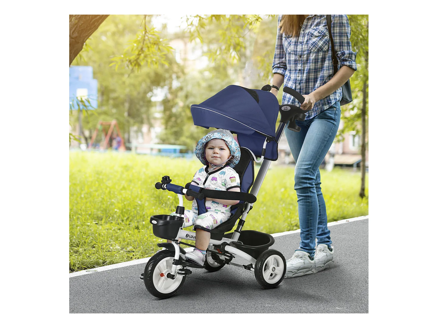 Triciclo passeggino per bambini con maniglione e tettuccio blu scuro
