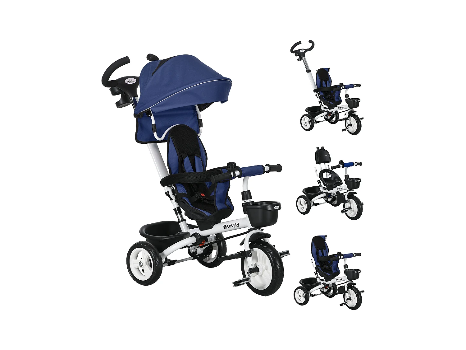 Triciclo passeggino per bambini con maniglione e tettuccio blu scuro