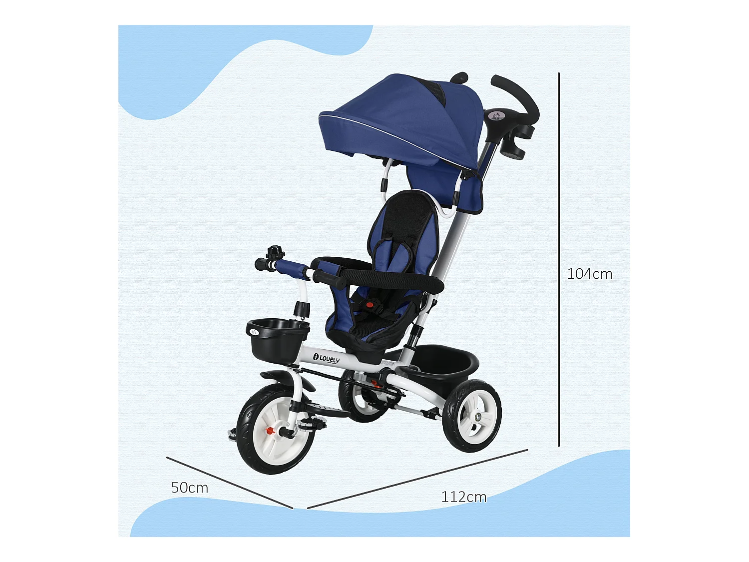 Triciclo passeggino per bambini con maniglione e tettuccio blu scuro