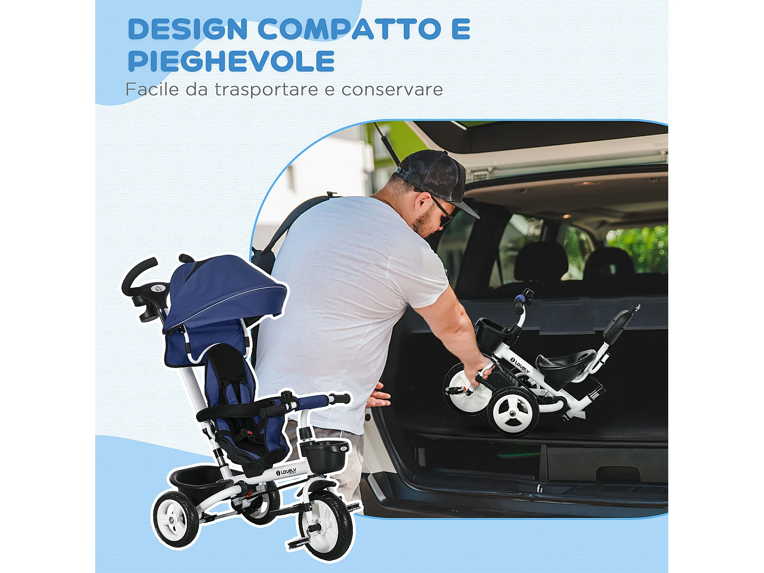 Triciclo passeggino per bambini con maniglione e tettuccio blu scuro