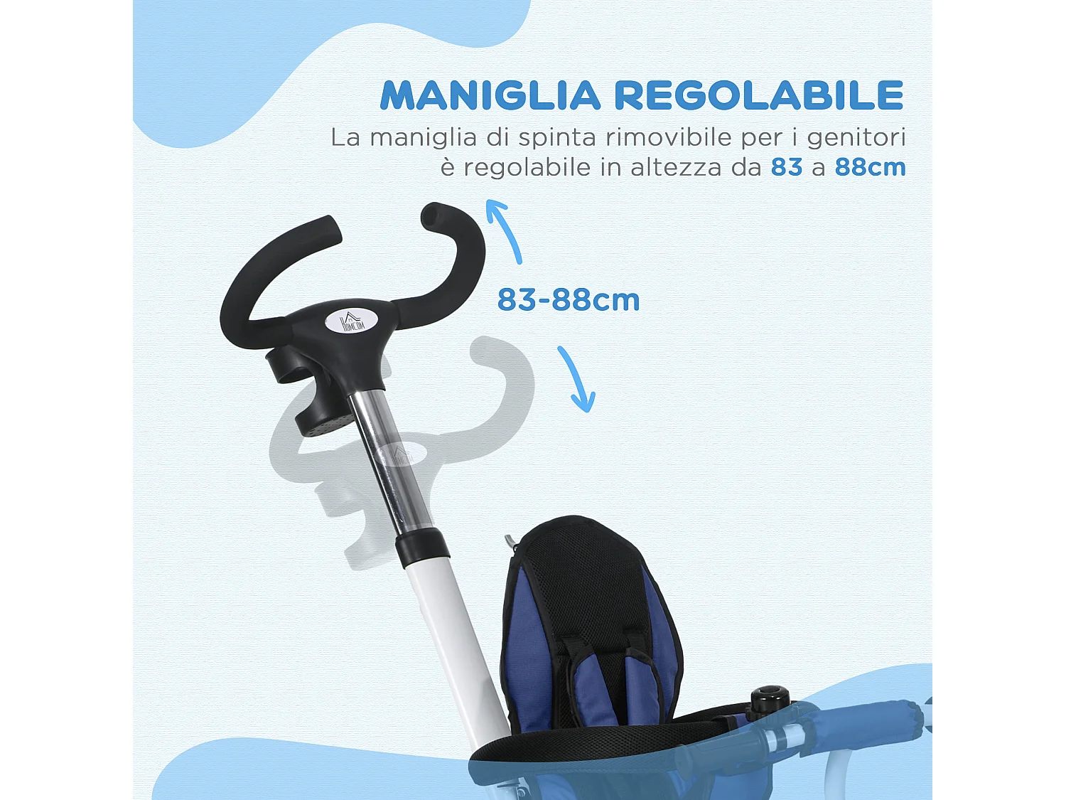 Triciclo passeggino per bambini con maniglione e tettuccio blu scuro