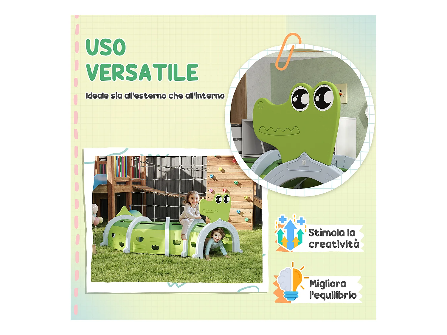 Tunnel per bambini 3-6 anni a coccodrillo in plastica verde