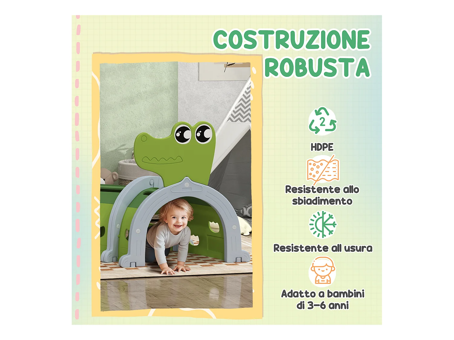 Tunnel per bambini 3-6 anni a coccodrillo in plastica verde