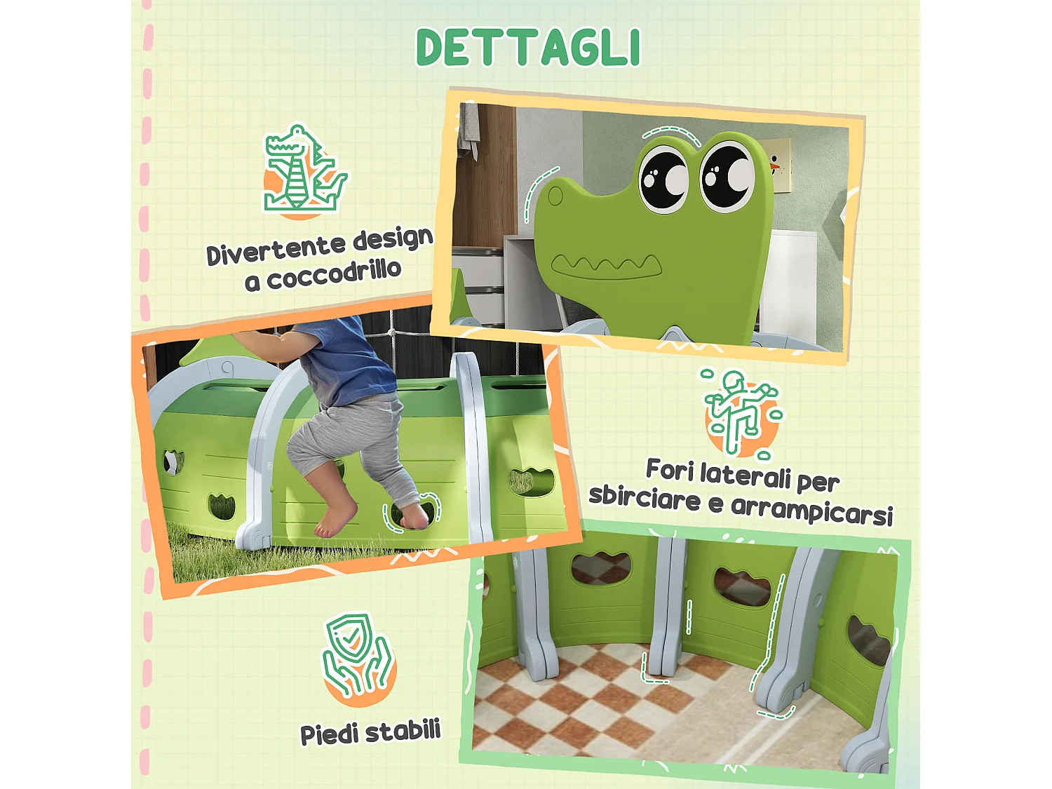 Tunnel per bambini 3-6 anni a coccodrillo in plastica verde