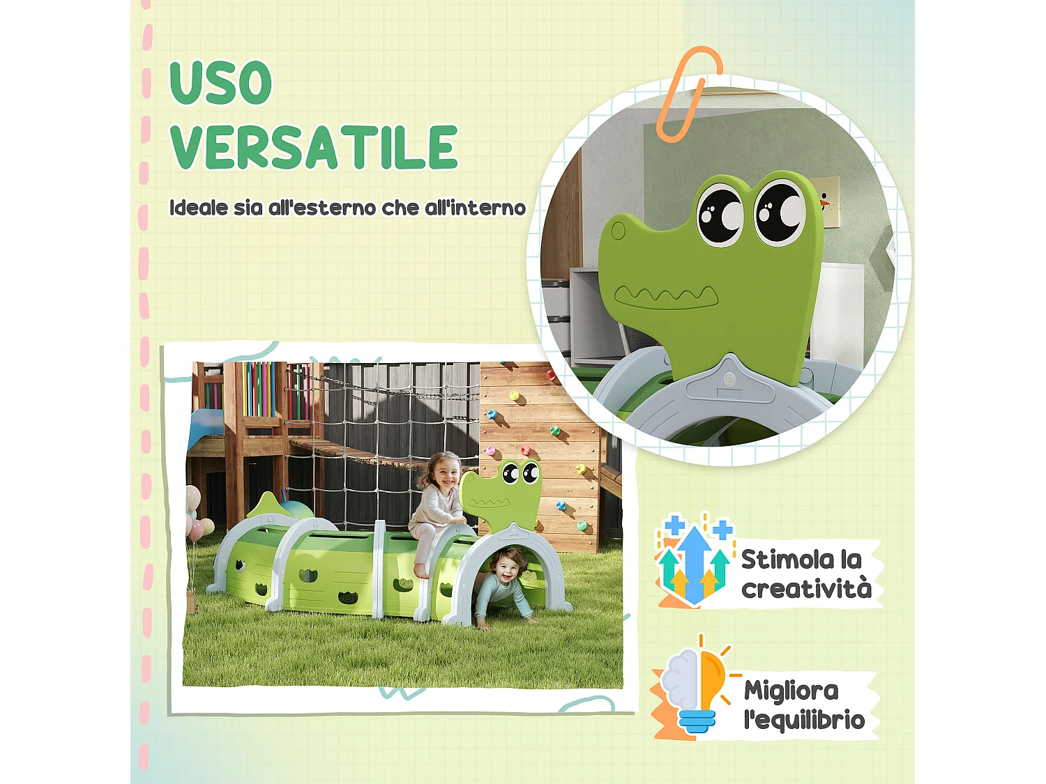 Tunnel per bambini 3-6 anni a coccodrillo in plastica verde