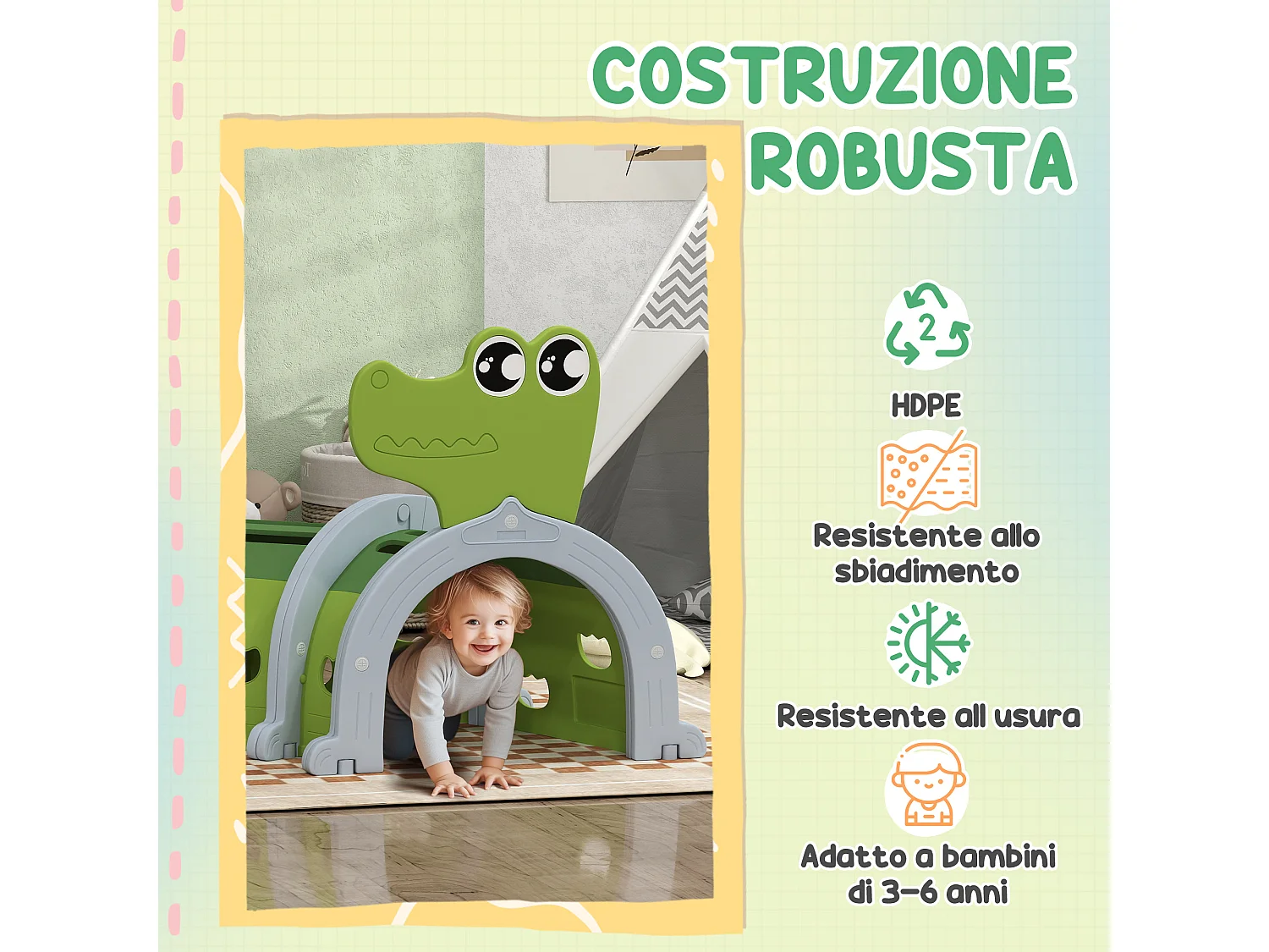 Tunnel per bambini 3-6 anni a coccodrillo in plastica verde