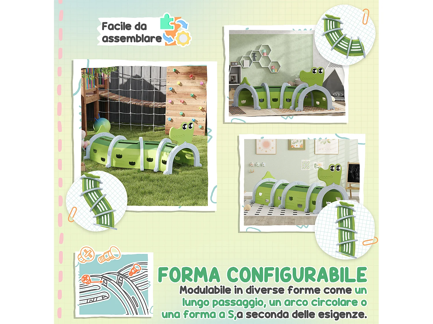 Tunnel per bambini 3-6 anni a coccodrillo in plastica verde