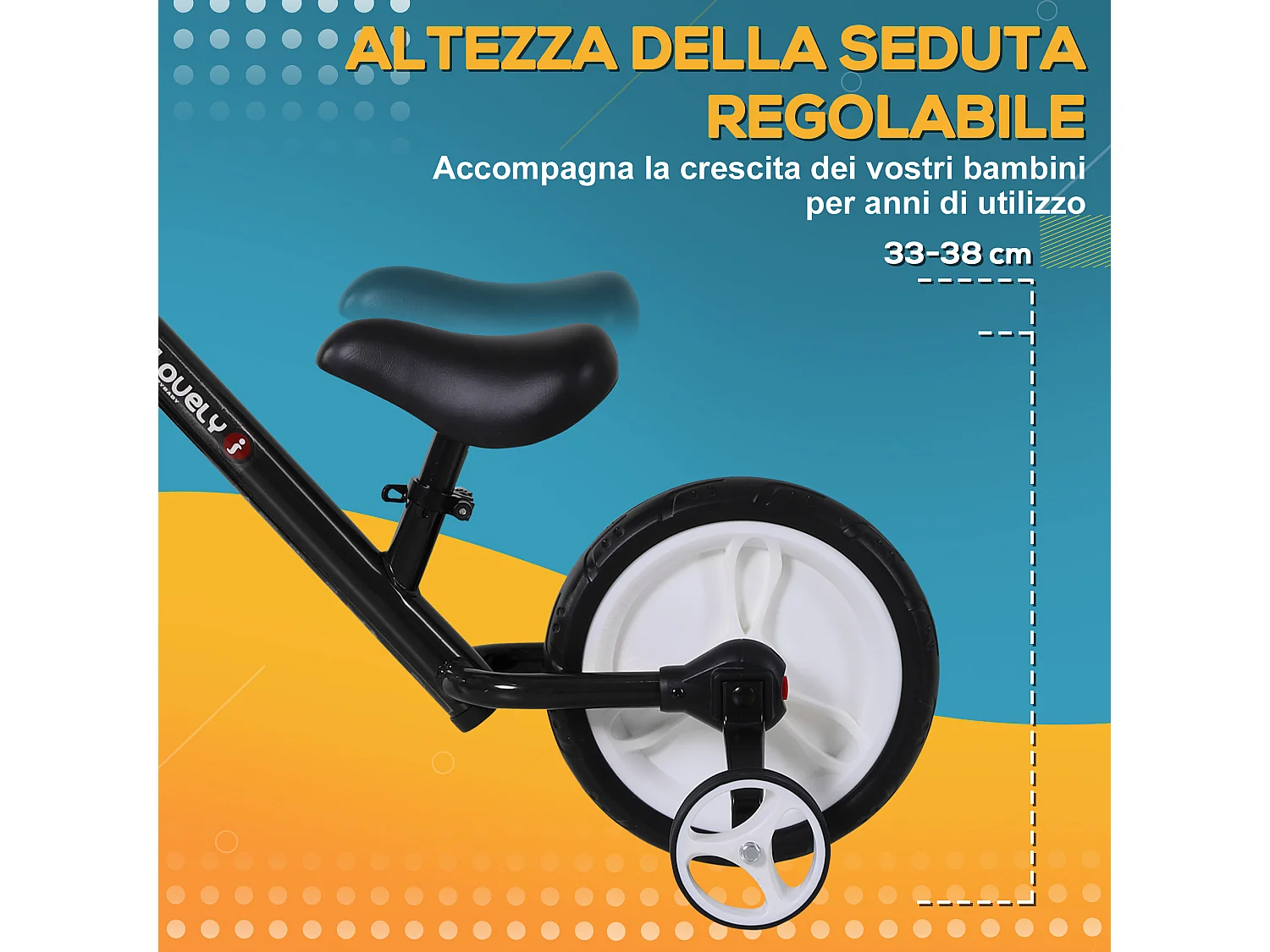 Bici senza pedali per bambini 2-5 anni sella regolabile e rotelle nero