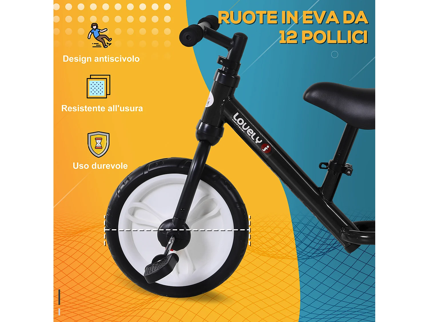 Bici senza pedali per bambini 2-5 anni sella regolabile e rotelle nero