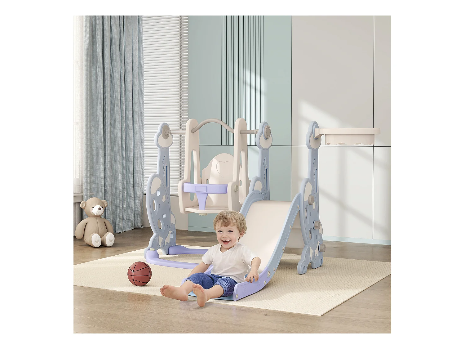 Gioco per bambini 4 in 1 con scivolo, altalena, arrampicata e canestro