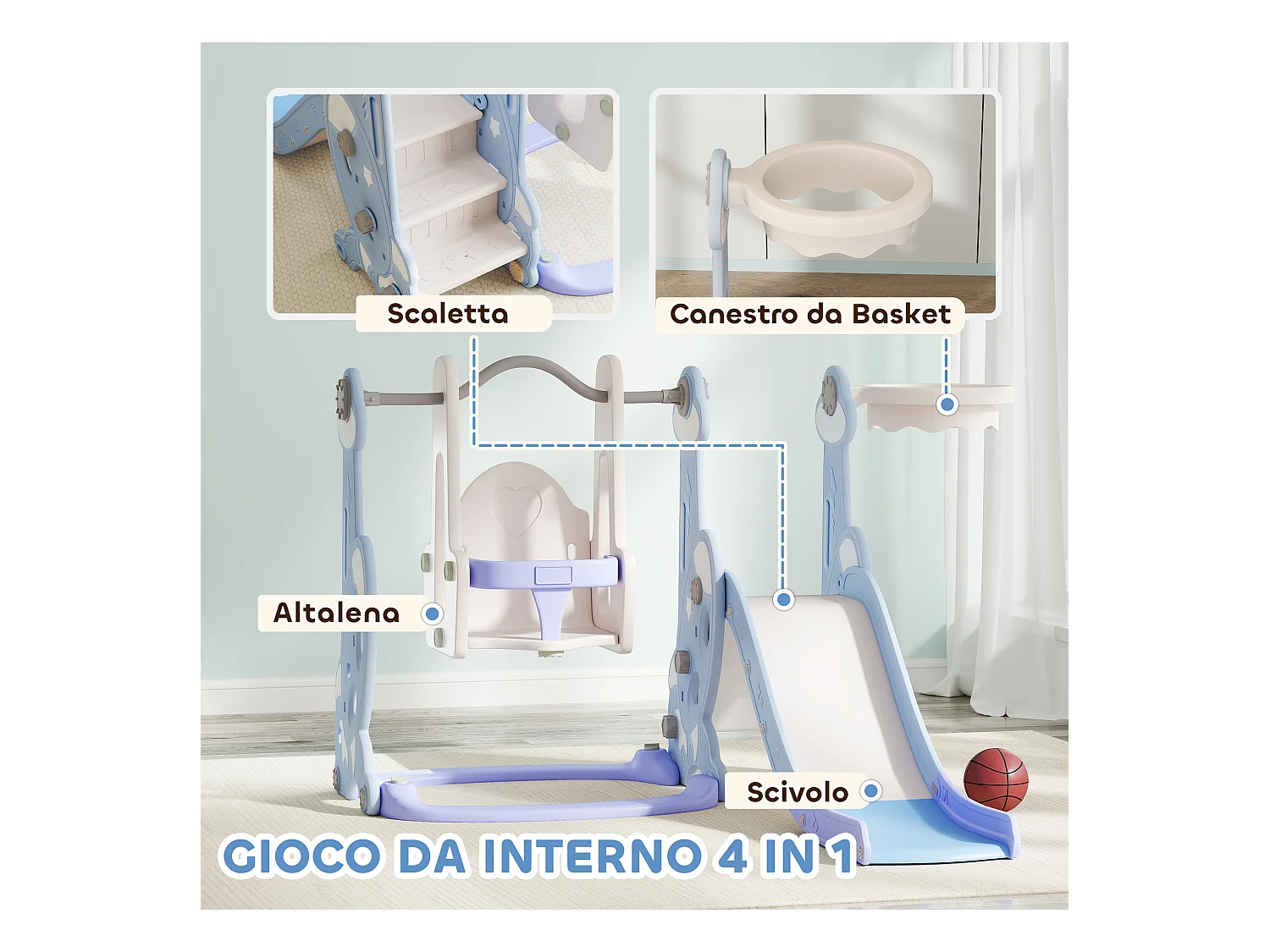 Gioco per bambini 4 in 1 con scivolo, altalena, arrampicata e canestro