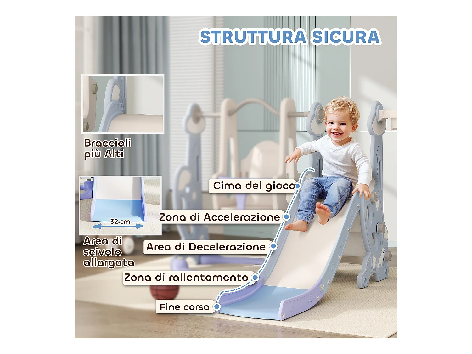Gioco per bambini 4 in 1 con scivolo, altalena, arrampicata e canestro