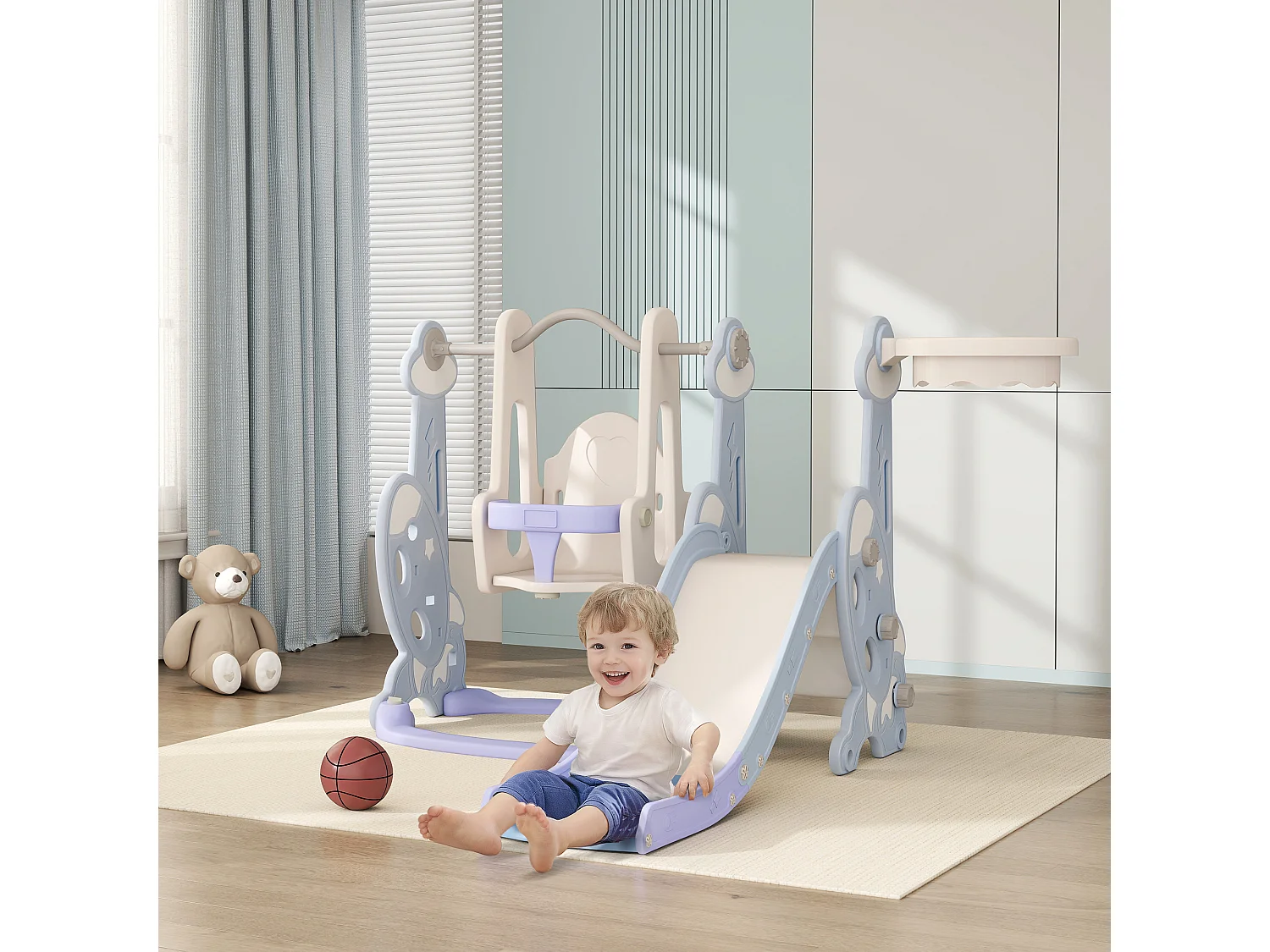 Gioco per bambini 4 in 1 con scivolo, altalena, arrampicata e canestro