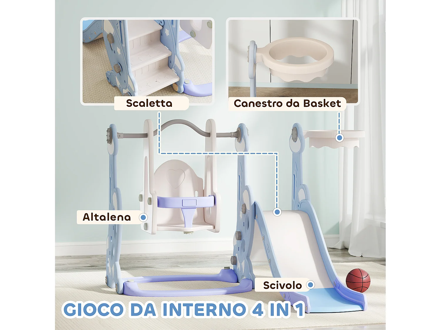 Gioco per bambini 4 in 1 con scivolo, altalena, arrampicata e canestro
