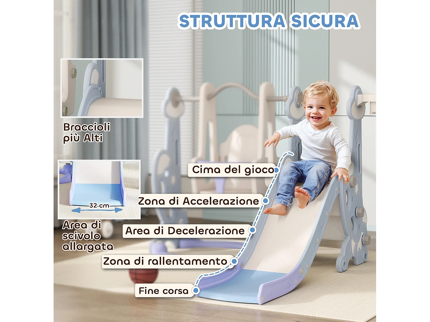 Gioco per bambini 4 in 1 con scivolo, altalena, arrampicata e canestro