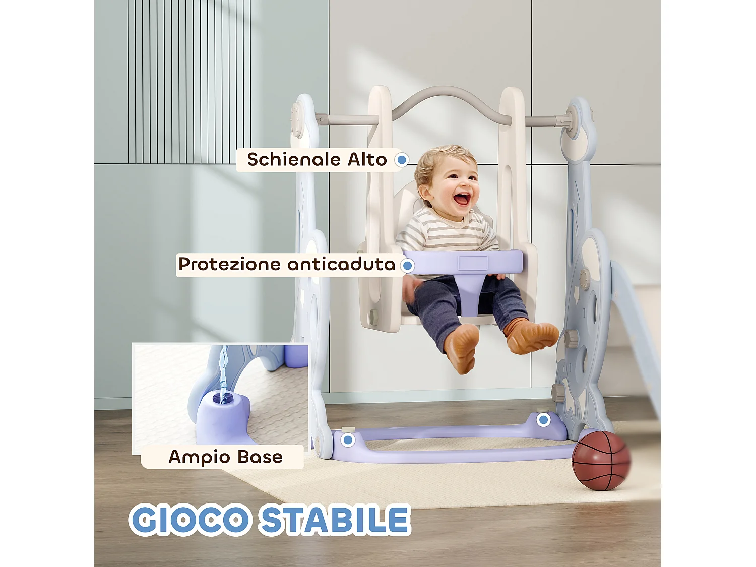 Gioco per bambini 4 in 1 con scivolo, altalena, arrampicata e canestro