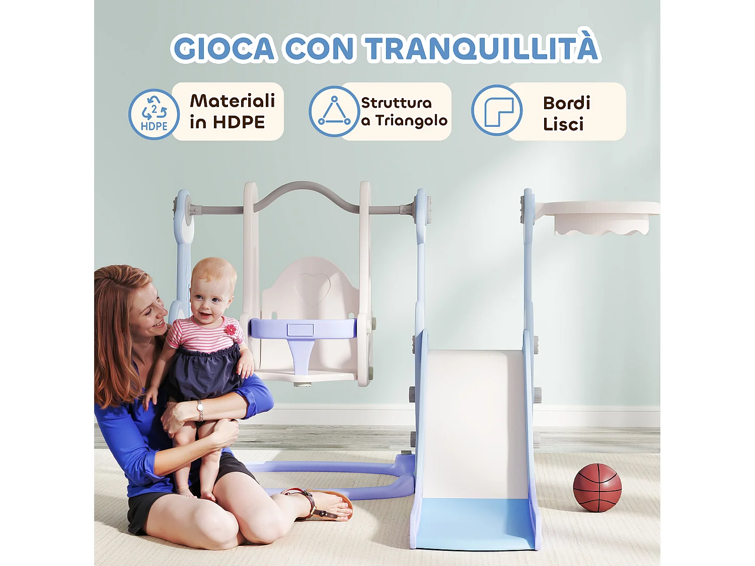 Gioco per bambini 4 in 1 con scivolo, altalena, arrampicata e canestro