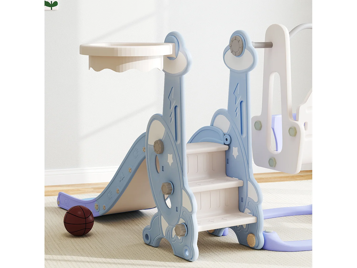 Gioco per bambini 4 in 1 con scivolo, altalena, arrampicata e canestro