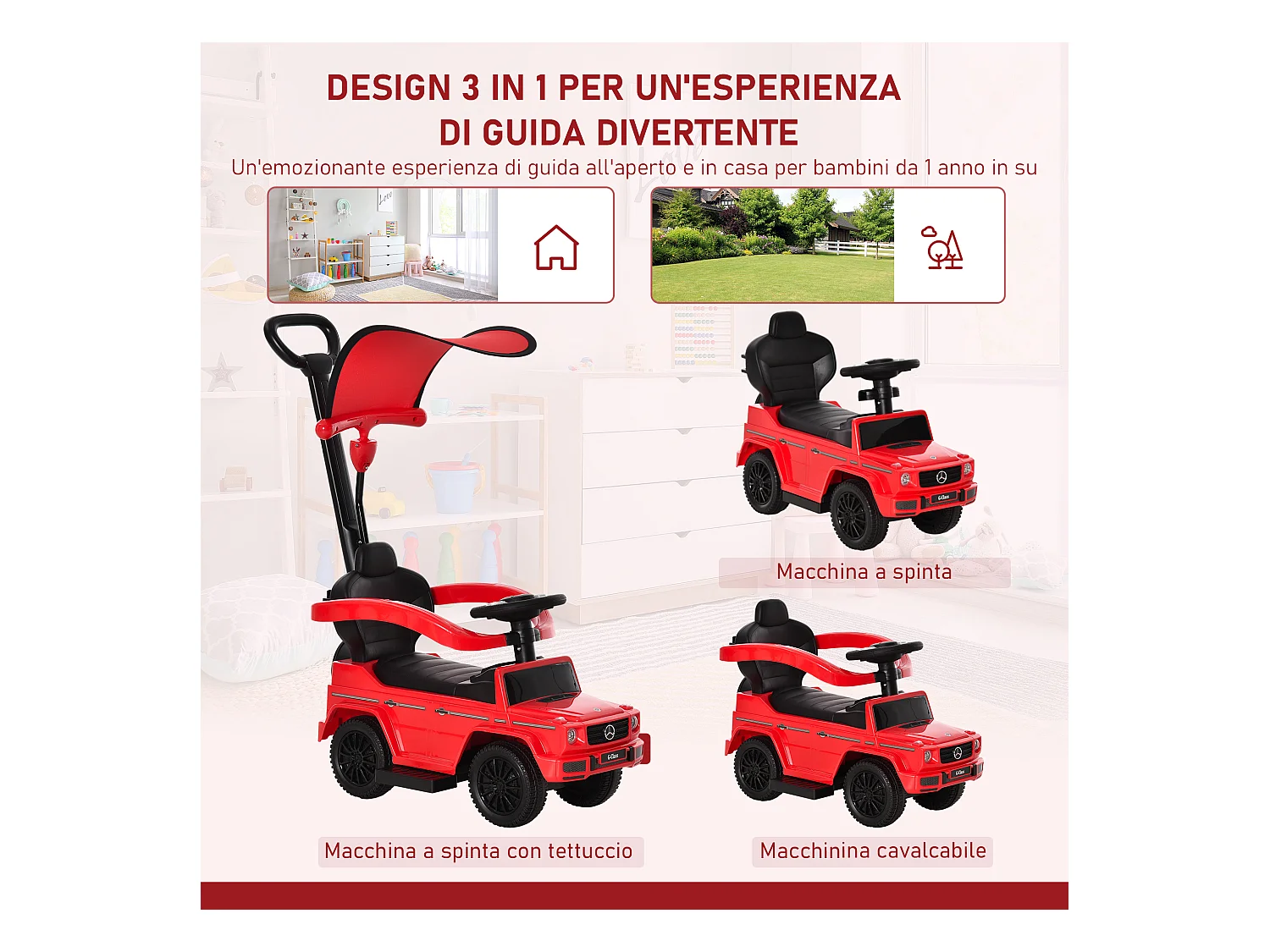Macchina a spinta per bambini con tettuccio rosso
