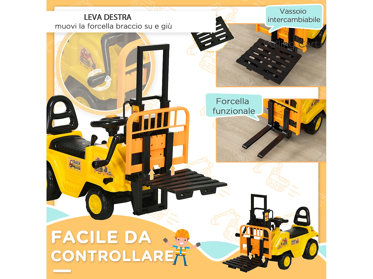 Trattore a pedali per bambini 3-4 anni con muletto in pp e abs