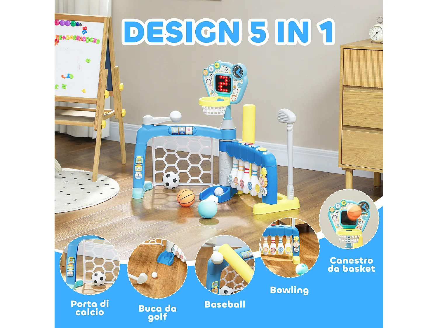 Gioco per bambini 5 in 1 per calcio, basket, golf, baseball e bowling