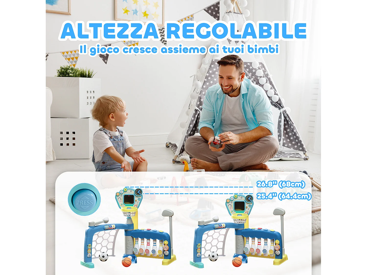 Gioco per bambini 5 in 1 per calcio, basket, golf, baseball e bowling