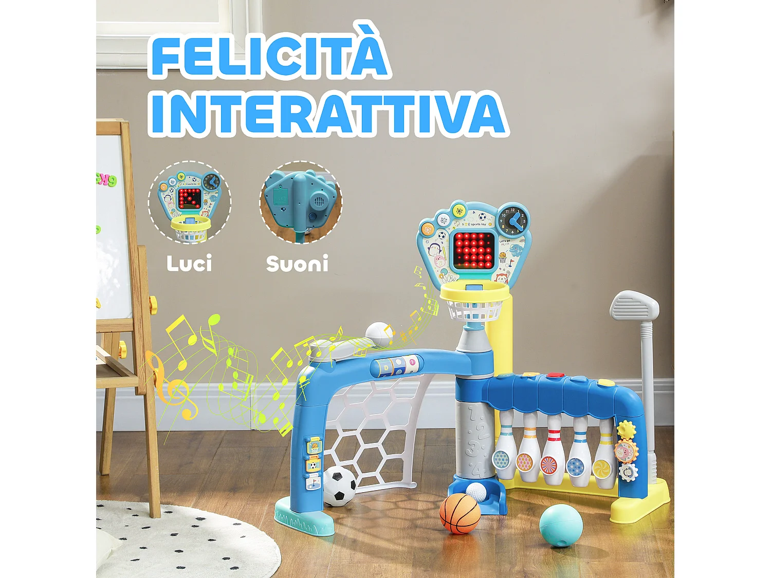 Gioco per bambini 5 in 1 per calcio, basket, golf, baseball e bowling