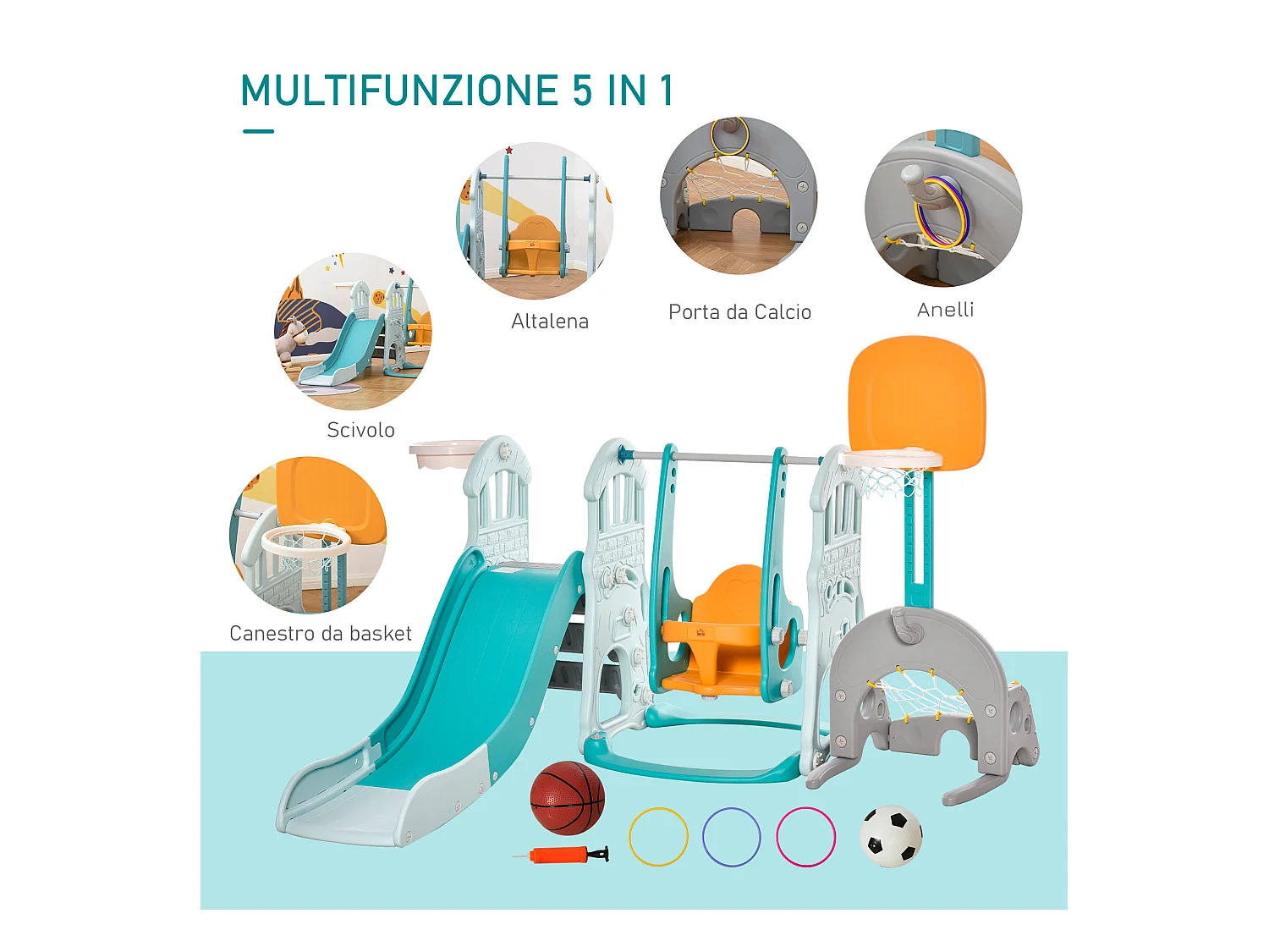 Set scivolo e altalena per bambini 5 in 1 in plastica