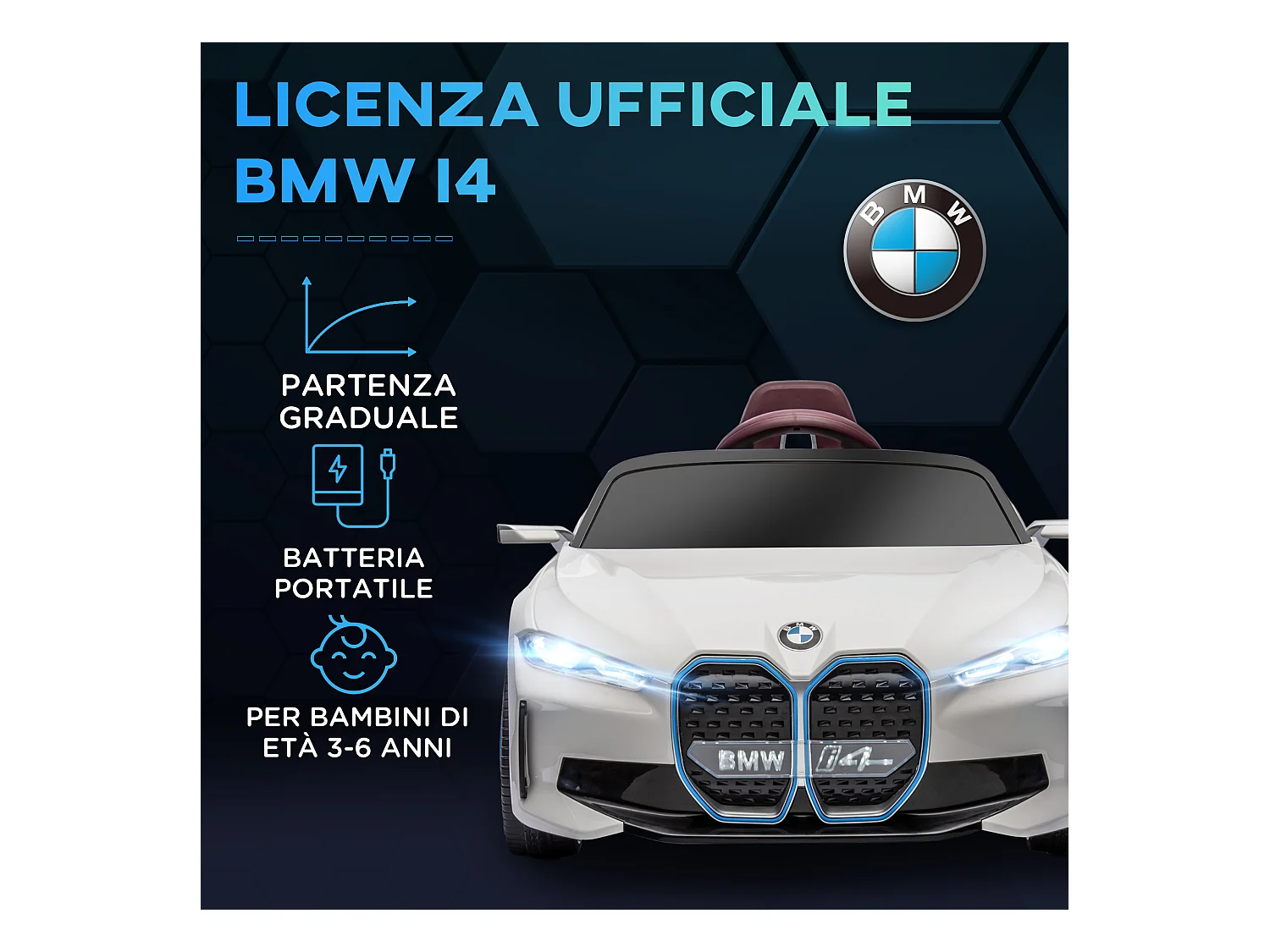 Macchina elettrica per bambini 3-6 anni con telecomando bianco