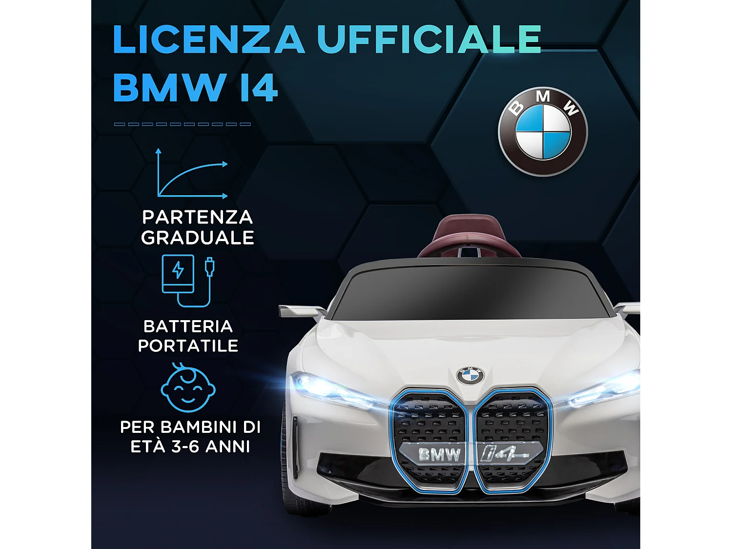 Macchina elettrica per bambini 3-6 anni con telecomando bianco