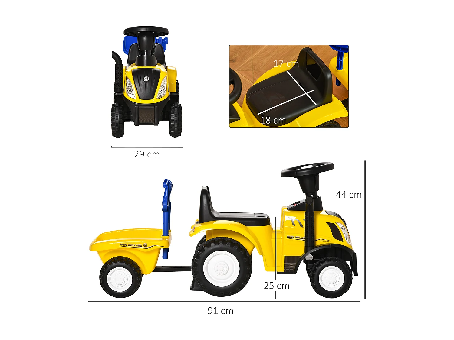 Trattore cavalcabile per bambini con rimorchio rastrello e pala