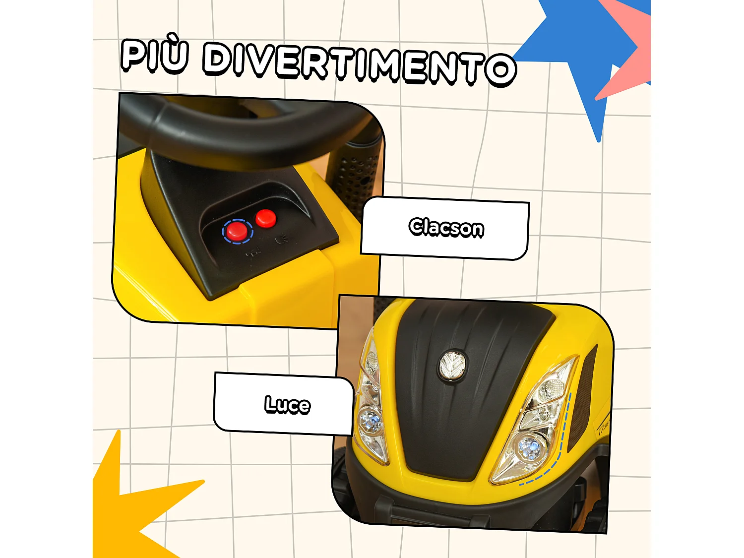 Trattore cavalcabile per bambini con rimorchio rastrello e pala