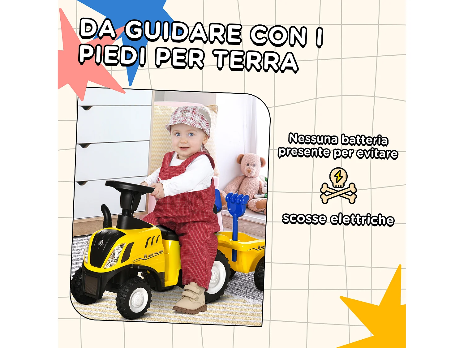 Trattore cavalcabile per bambini con rimorchio rastrello e pala