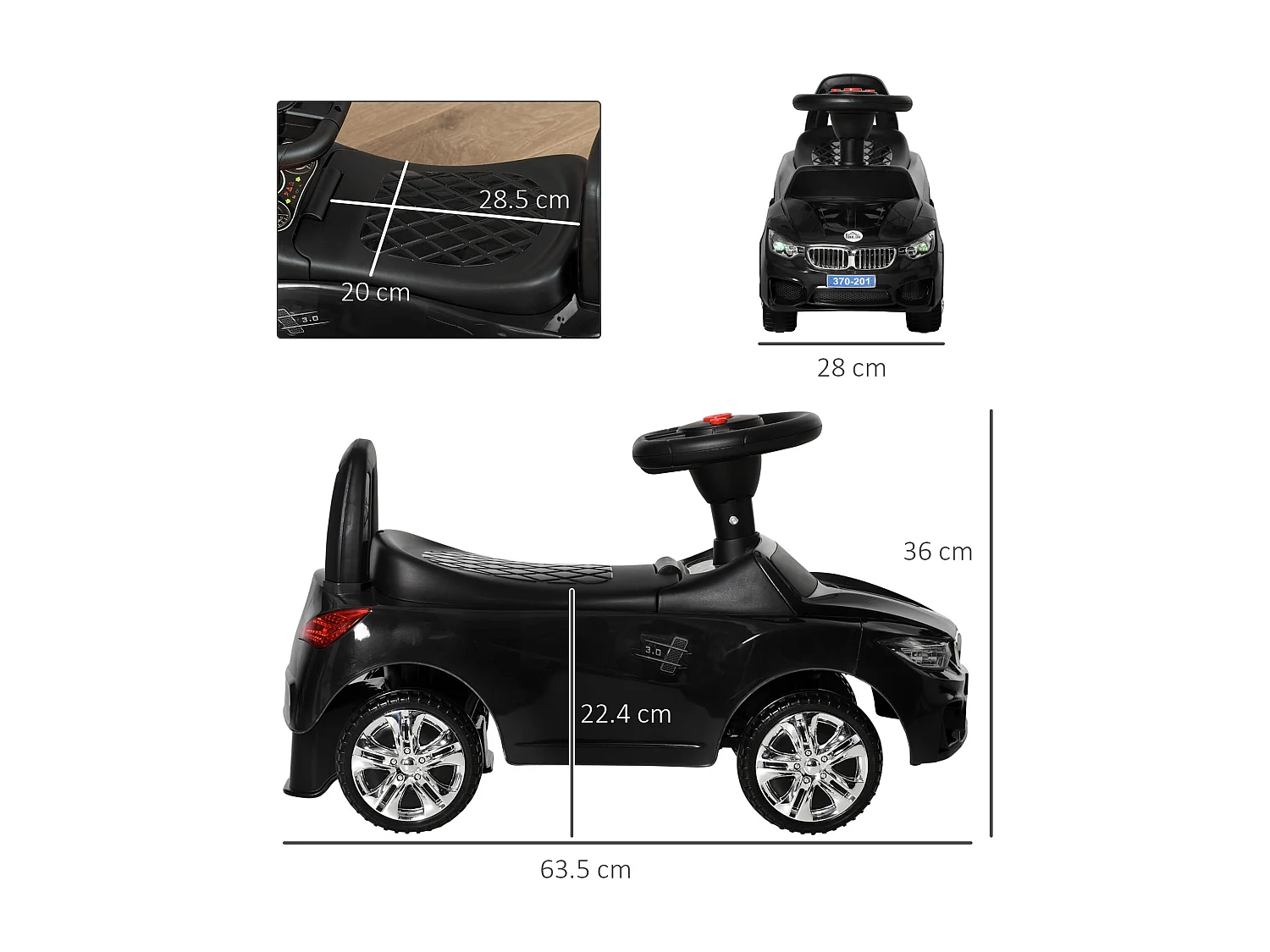 Macchinina per bambini cavalcabile con volante fari e musiche nero