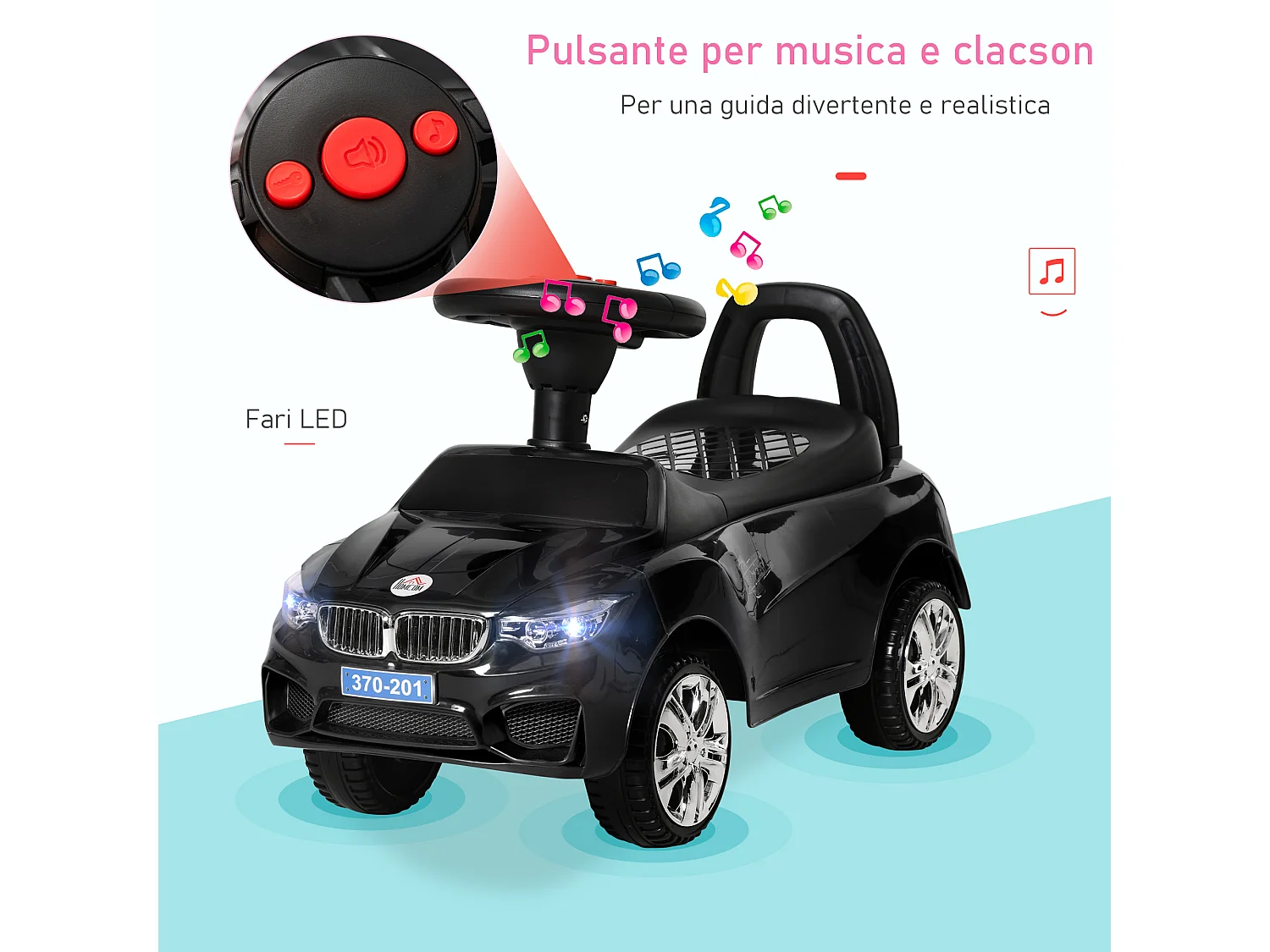 Macchinina per bambini cavalcabile con volante fari e musiche nero