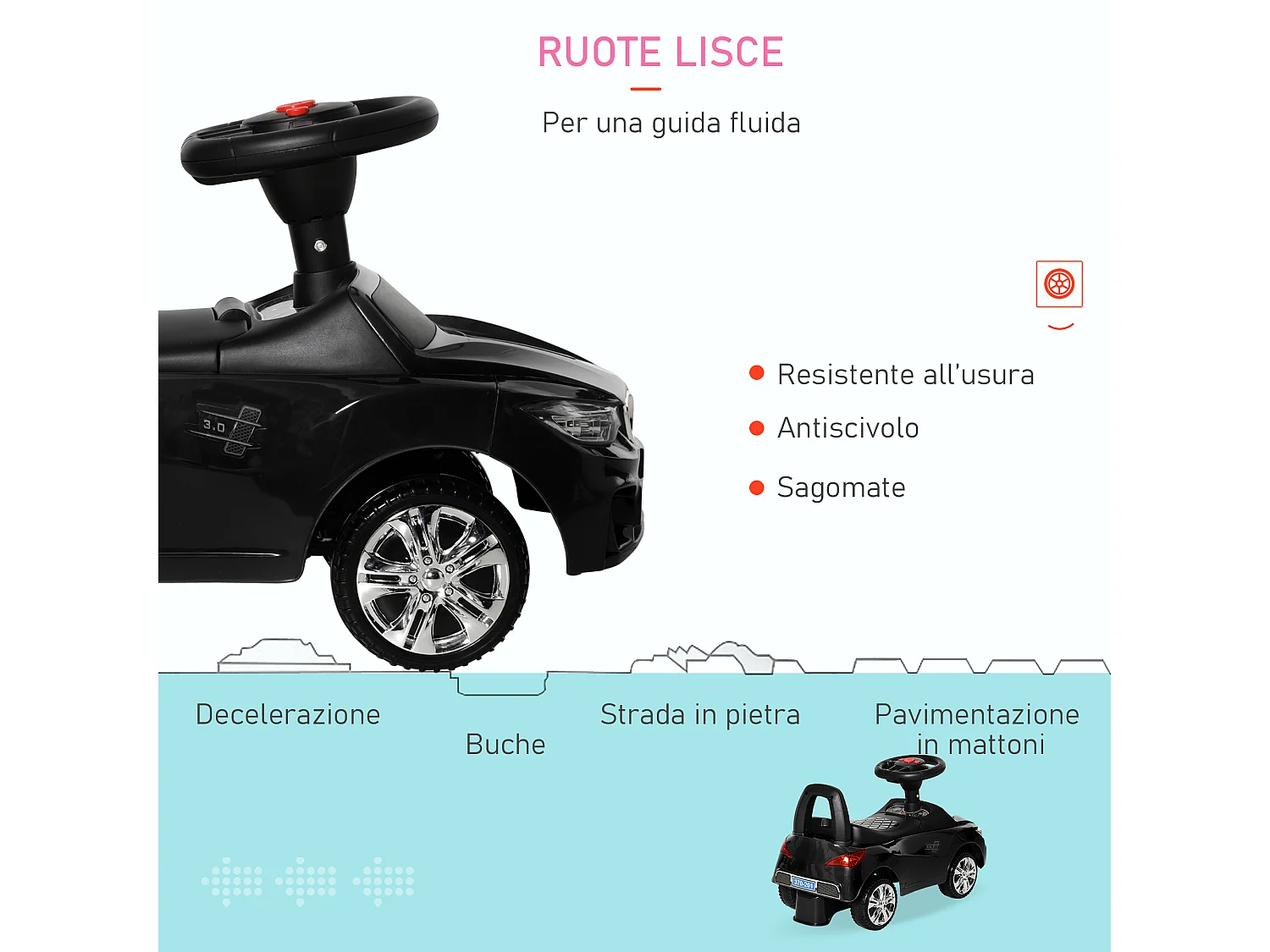 Macchinina per bambini cavalcabile con volante fari e musiche nero