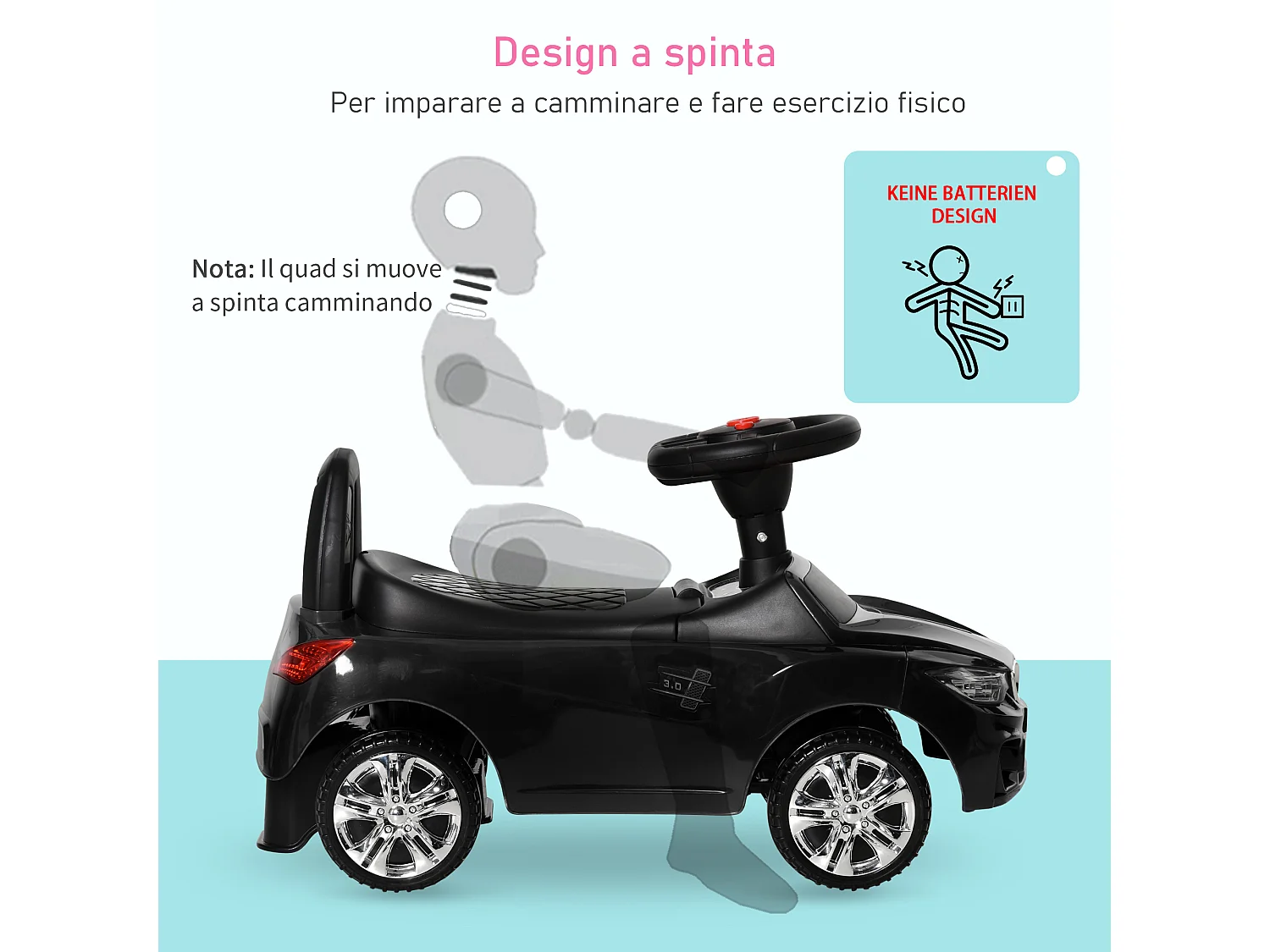 Macchinina per bambini cavalcabile con volante fari e musiche nero