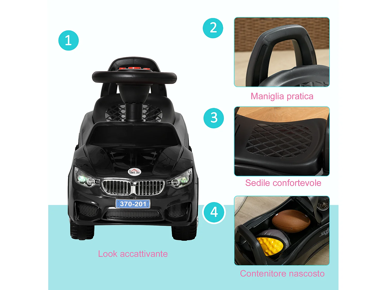 Macchinina per bambini cavalcabile con volante fari e musiche nero