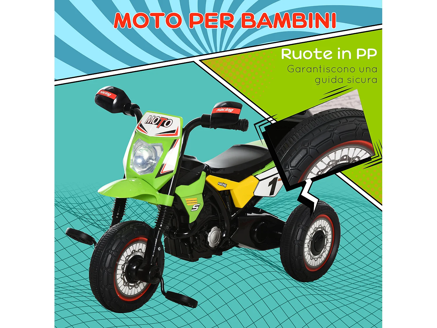 Triciclo stile moto per bambini a pedali luci suoni 71x40x51cm