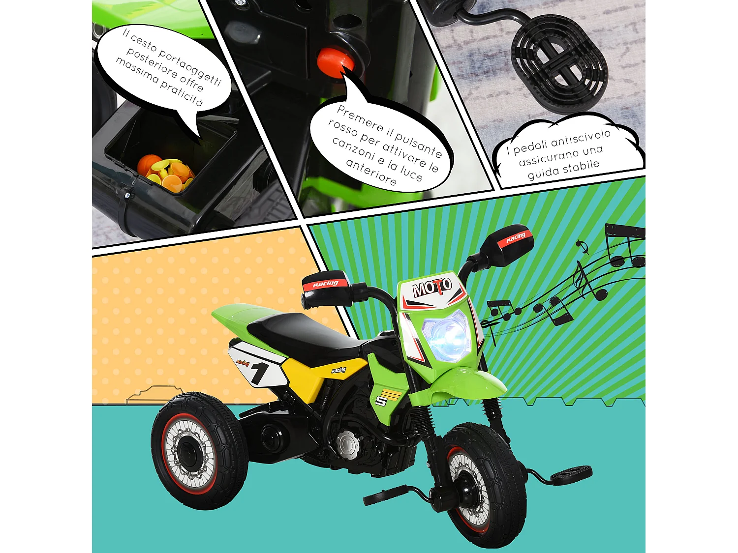 Triciclo stile moto per bambini a pedali luci suoni 71x40x51cm