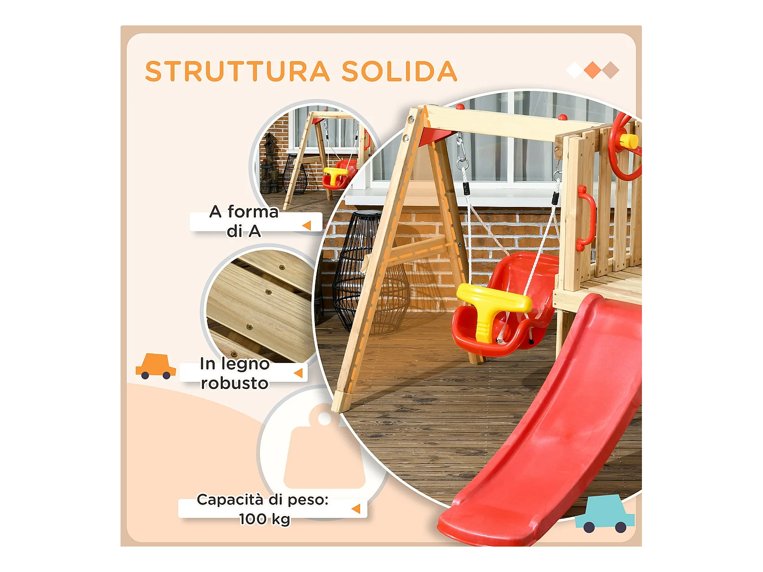Set scivolo e altalena per bambini 18-48 mesi in legno e plastica