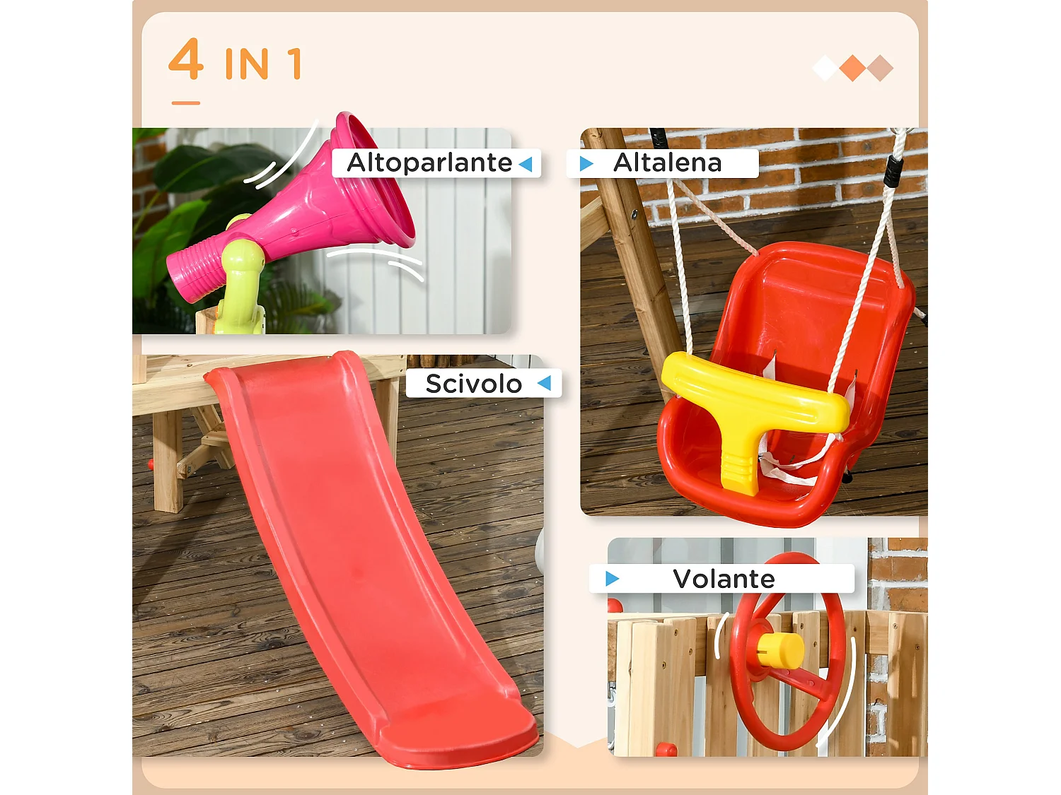 Set scivolo e altalena per bambini 18-48 mesi in legno e plastica